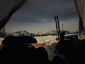 view from tent at dusk