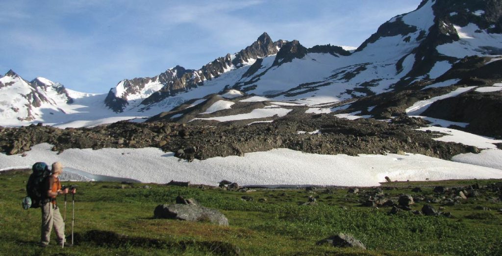 Backpaker hiking in the Chugach Mountains