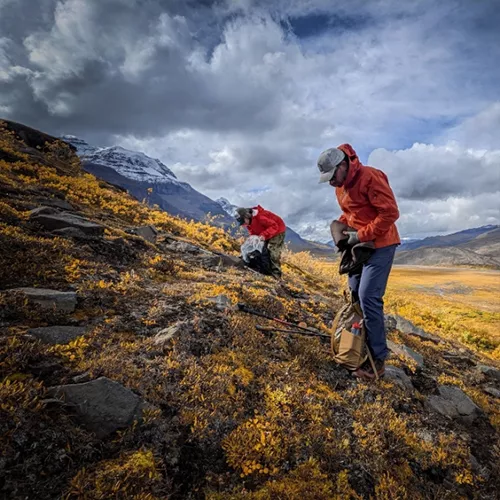 People Unpacking Bag At Mountain