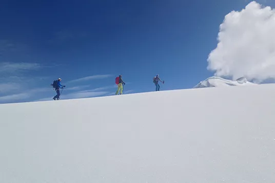 Backcountry skiers ascend a slope in Alaska