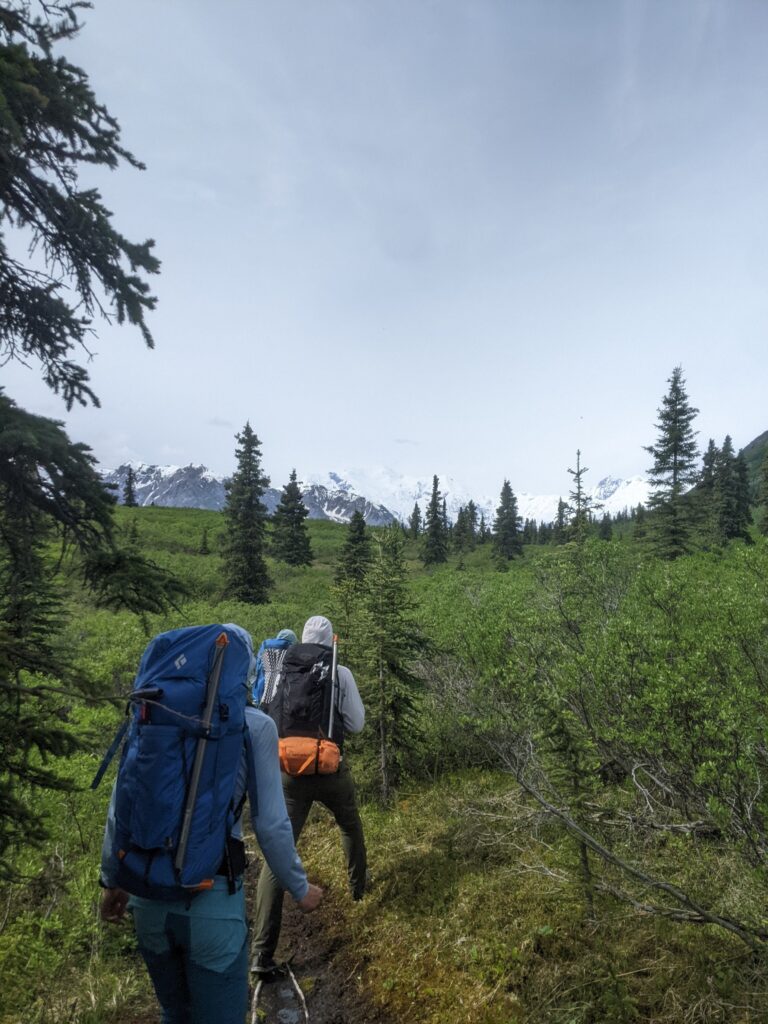 Two backpackers walking on a trail