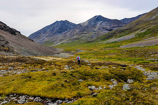 A hiker crossing the tundra in Wrangell - St. Elias National Park