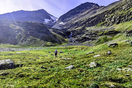 A hiker walks through green grass toward a waterfall