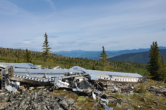Remains of an airplane crash in the Alaskan tundra
