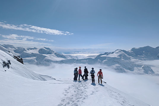 A group of skiers taking in an expansive mountain view in the Chugach