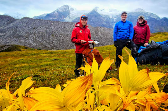 Three hikers in the fall colors of Alaska
