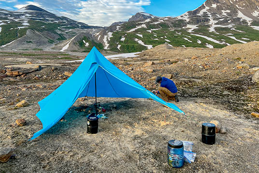 A blue tent set up in the backcountry of Wrangell - St. Elias National Park