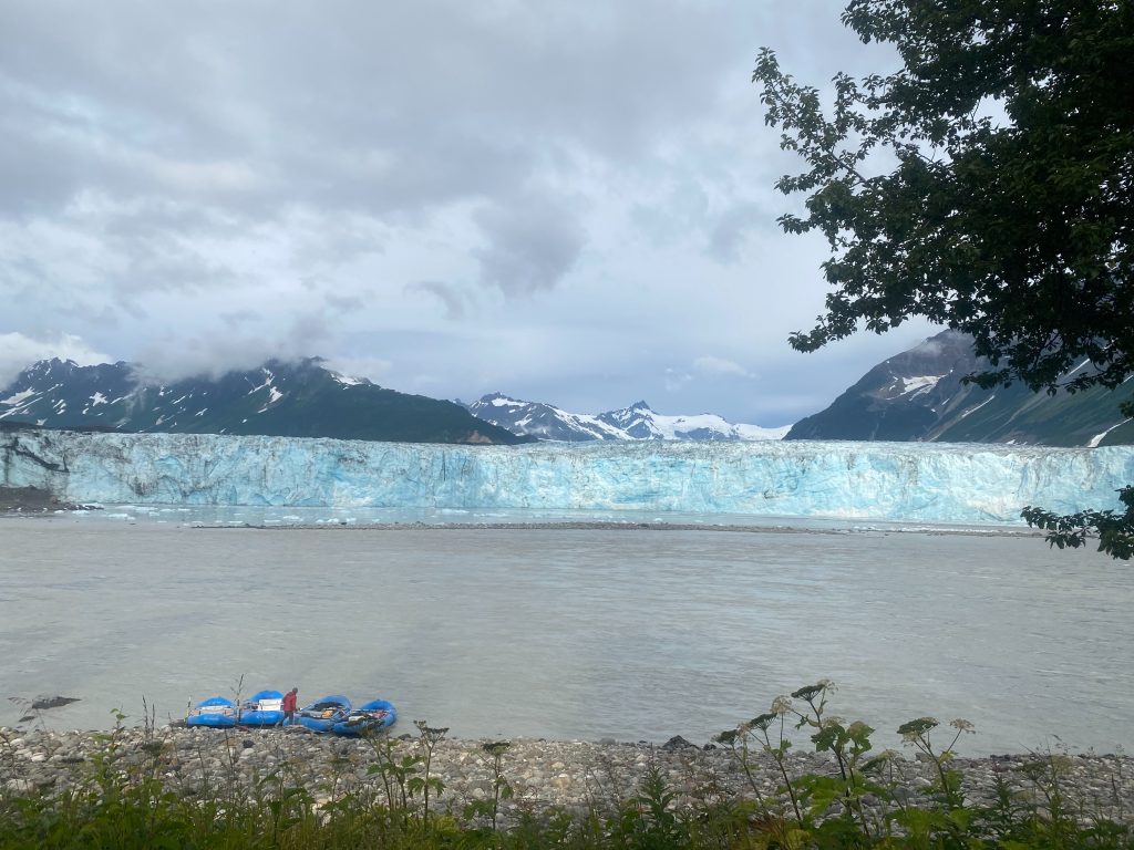 Rafts lined up across from Child's Glacier at Child's Glacier recreation area
